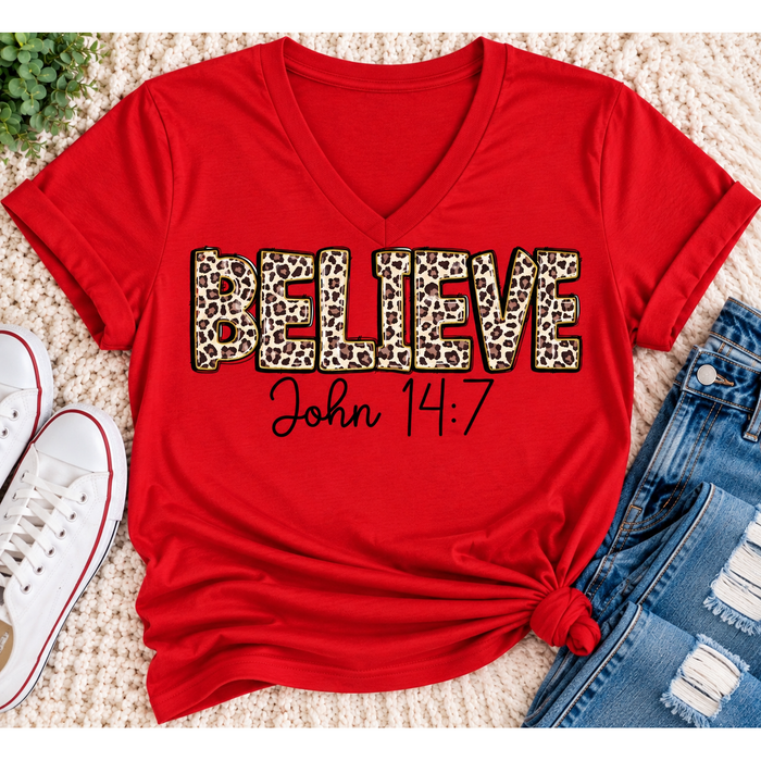 Believe John 14:7  leopard print Christian graphic shirt available in short sleeve crewneck, V-neck, long sleeve and hoodie styles.