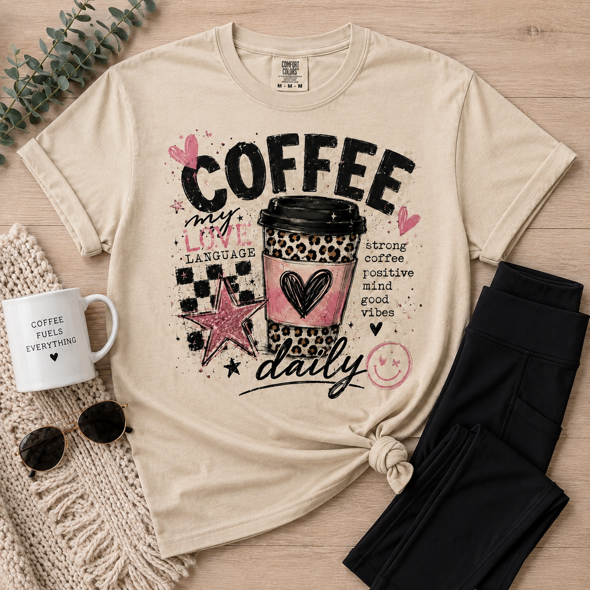 Coffee My Love Language graphic crew neck tee with pink and leopard print coffee cup design