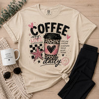Coffee My Love Language graphic crew neck tee with pink and leopard print coffee cup design