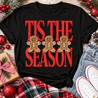 Tis the Season Christmas graphic apparel featuring red polka dot lettering and three gingerbread cookies