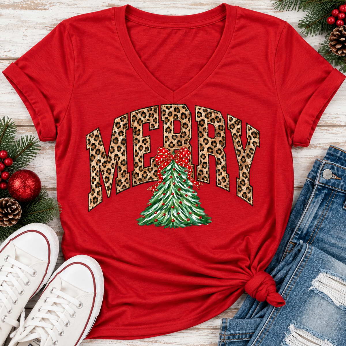 MERRY leopard print Christmas tree graphic apparel for women in black, red and beige