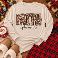 FAITH Ephesians 2:8 leopard print Christian graphic apparel for women in beige and red