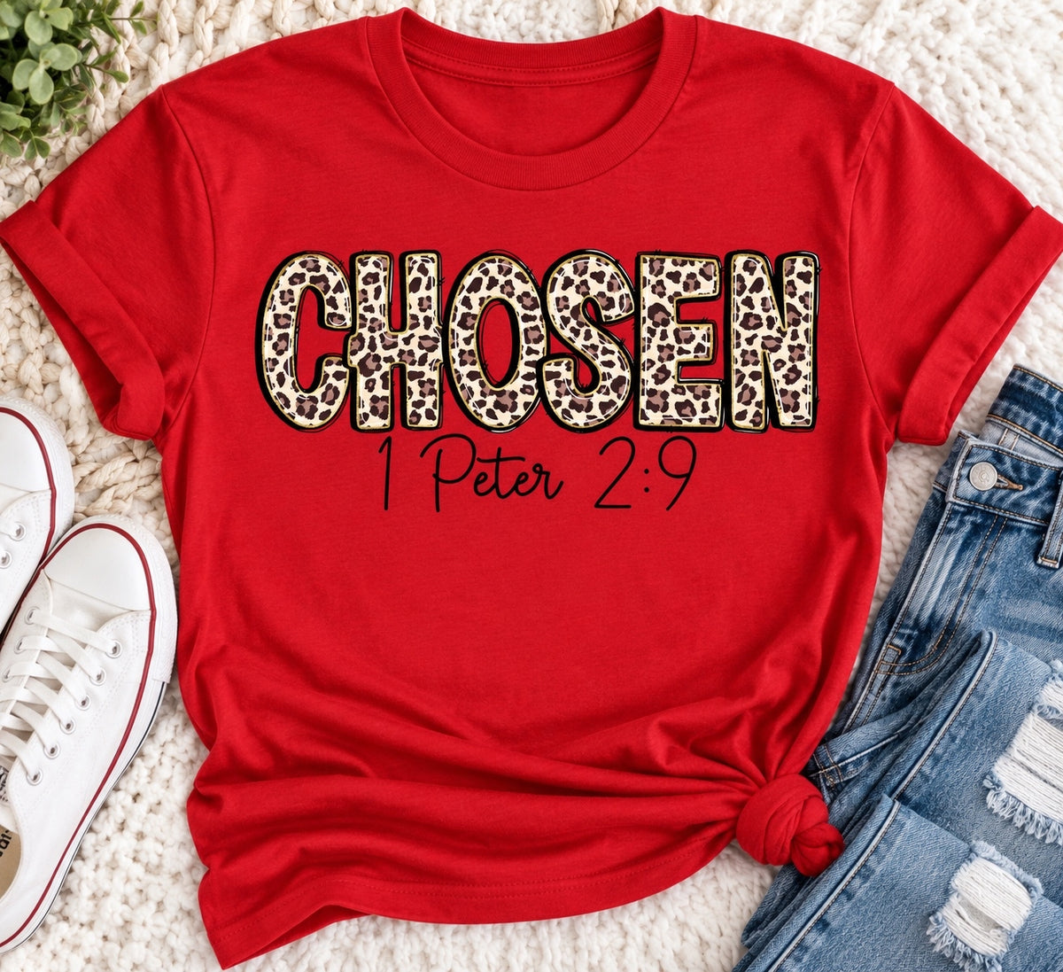 CHOSEN 1 Peter 2:9 leopard print Christian graphic apparel for women in red and beige