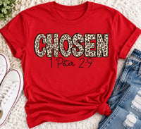 CHOSEN 1 Peter 2:9 leopard print Christian graphic apparel for women in red and beige