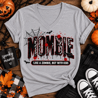 Gray V-neck Mombie Halloween mom graphic tee featuring black and red spooky design