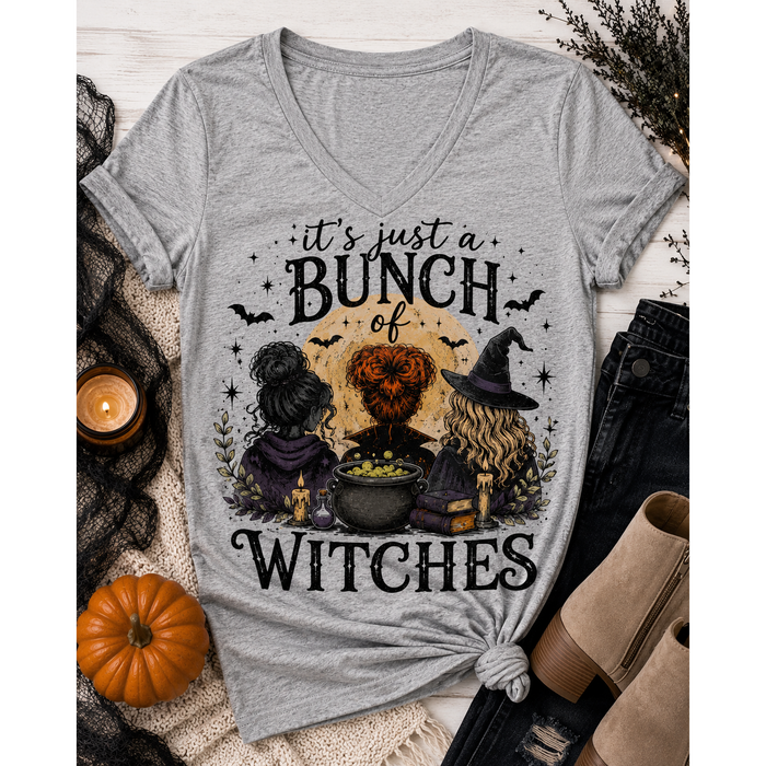 Gray It’s Just a Bunch of Witches Halloween graphic tee featuring three witches, cauldron, bats and spooky details.