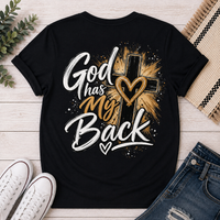 Back: Black God Has My Back Christian graphic tee featuring a bold black cross with white and brown lettering, heart details and distressed accents.