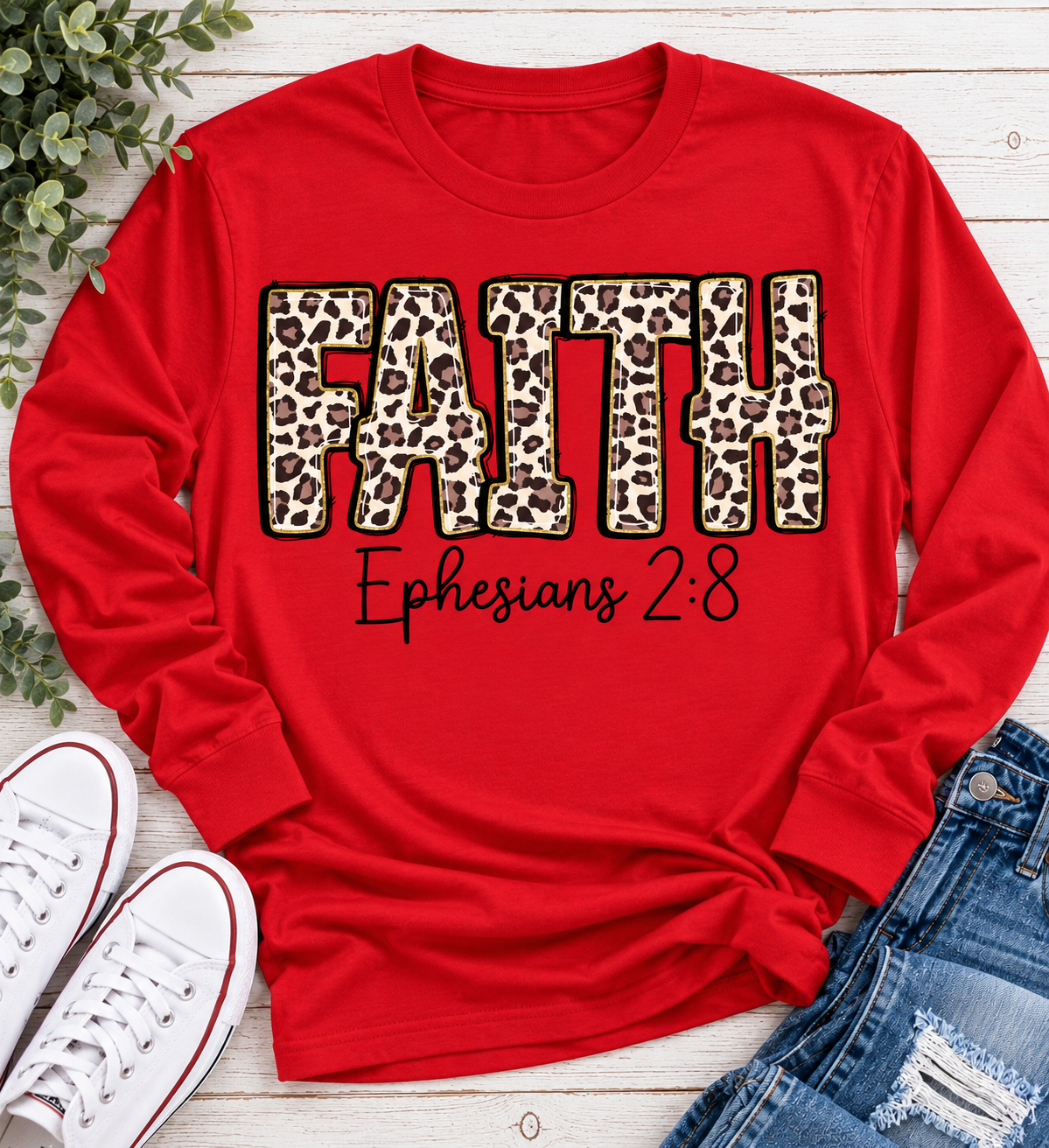 FAITH Ephesians 2:8 leopard print Christian graphic apparel for women in beige and red