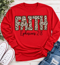 FAITH Ephesians 2:8 leopard print Christian graphic apparel for women in beige and red