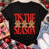 Tis the Season Christmas graphic apparel featuring red polka dot lettering and three gingerbread cookies