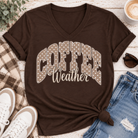 Coffee Weather polka dot graphic shirt available in brown and beige V-neck, crewneck tee, long sleeve tee and hoodie styles.