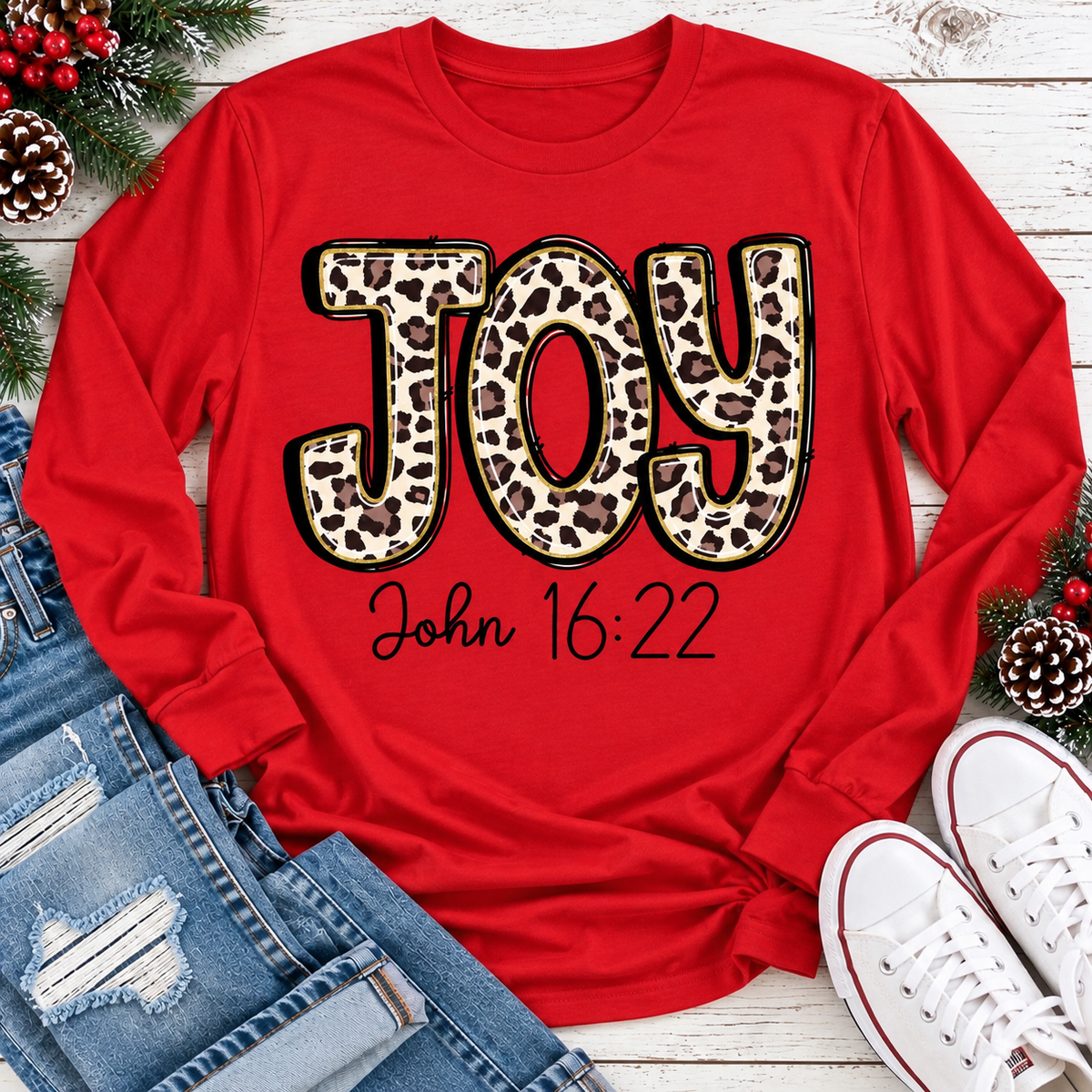 JOY John 16:22 leopard print Christmas graphic apparel available in four styles and two colors.