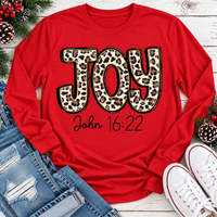 JOY John 16:22 leopard print Christmas graphic apparel available in four styles and two colors.