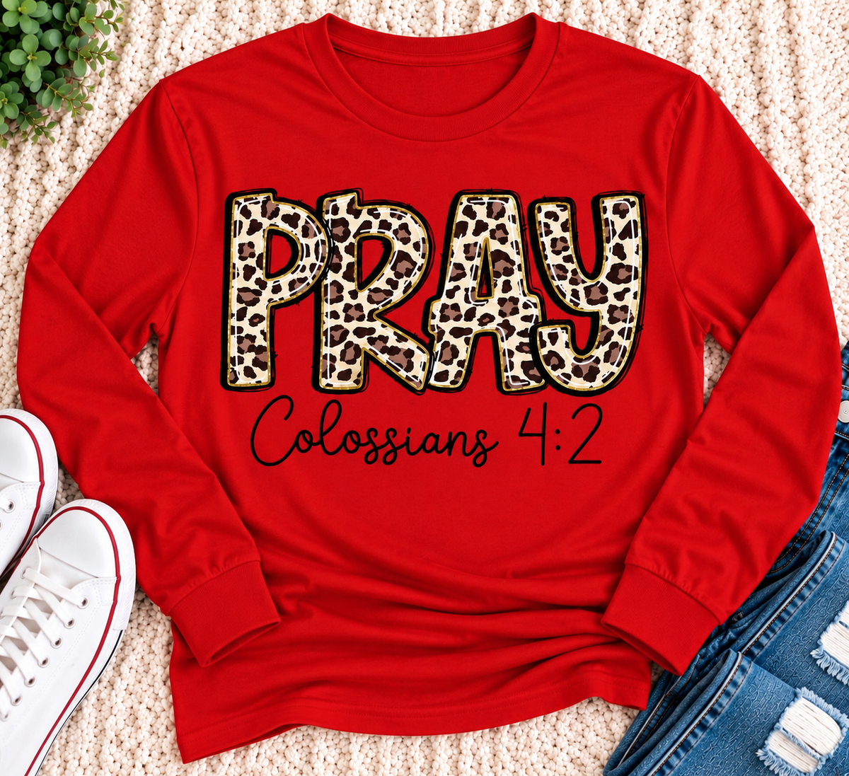 PRAY Colossians 4:2 leopard print Christian graphic shirt available in short sleeve crewneck, V-neck, long sleeve and hoodie styles.