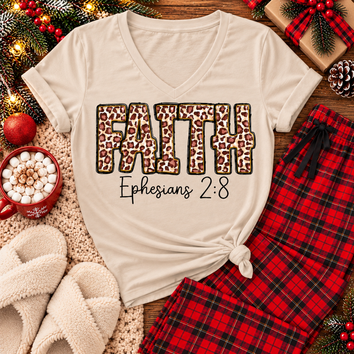 FAITH Ephesians 2:8 leopard print Christian graphic apparel for women in beige and red
