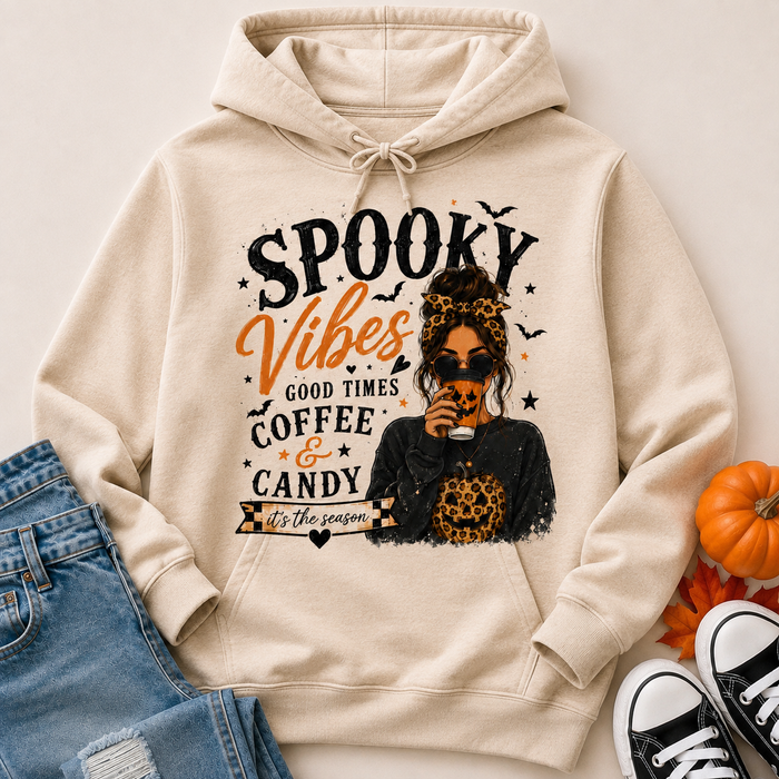 Cream Spooky Vibes Halloween hoodie with coffee, pumpkin, bats and leopard print graphic.