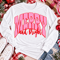 Merry and Bright Christmas graphic apparel with oversized pink polka dot lettering and festive holiday design
