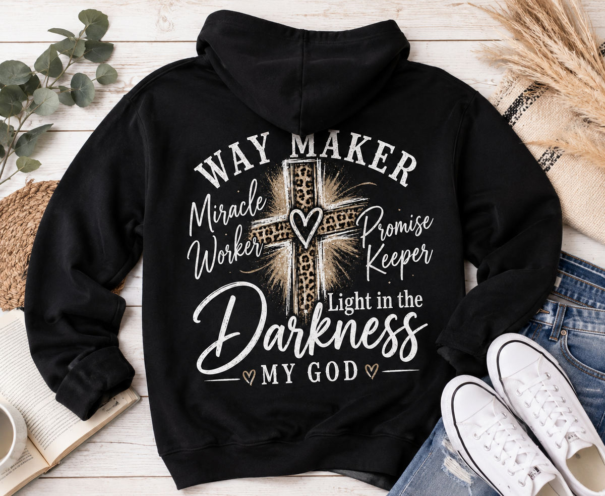 Back: Black Way Maker Christian hoodie featuring a leopard print cross with Miracle Worker, Promise Keeper, Light in the Darkness and My God lettering.