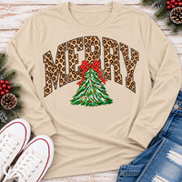 MERRY leopard print Christmas tree graphic apparel for women in black, red and beige