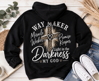 Black hoodie with God heart front graphic and Way Maker leopard cross faith graphic on back