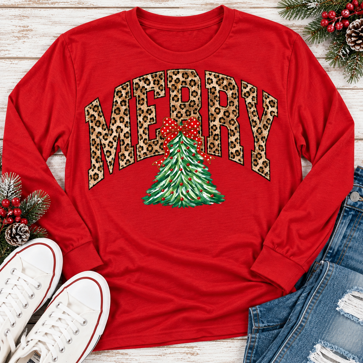 MERRY leopard print Christmas tree graphic apparel for women in black, red and beige