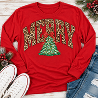 MERRY leopard print Christmas tree graphic apparel for women in black, red and beige