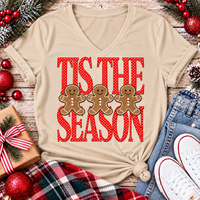 Tis the Season Christmas graphic apparel featuring red polka dot lettering and three gingerbread cookies