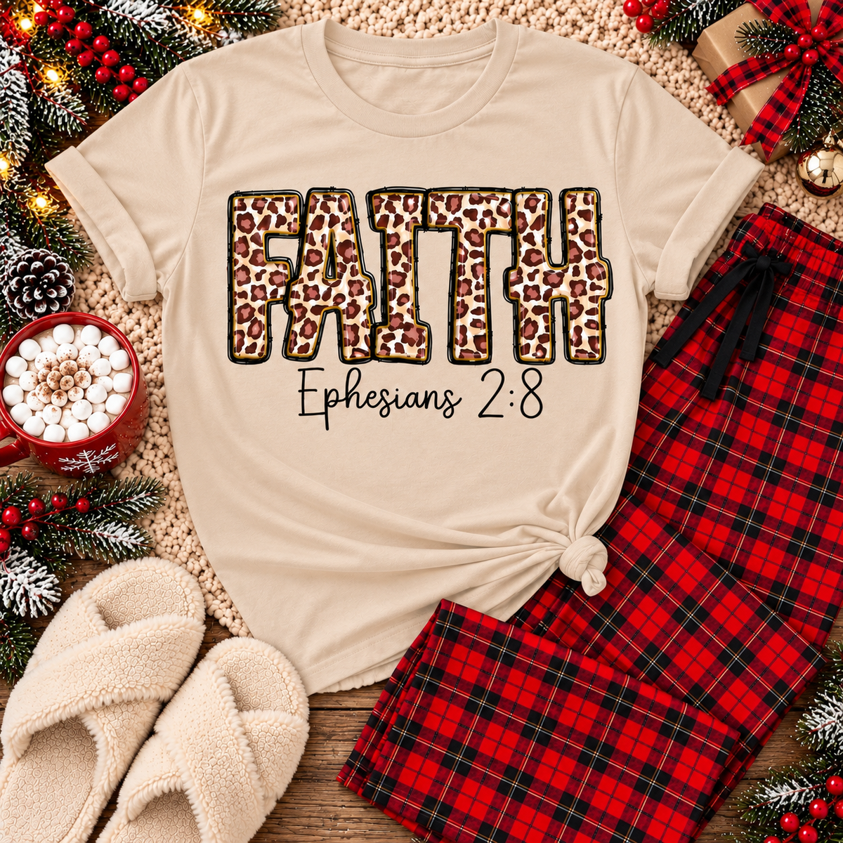 FAITH Ephesians 2:8 leopard print Christian graphic apparel for women in beige and red