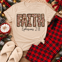 FAITH Ephesians 2:8 leopard print Christian graphic apparel for women in beige and red