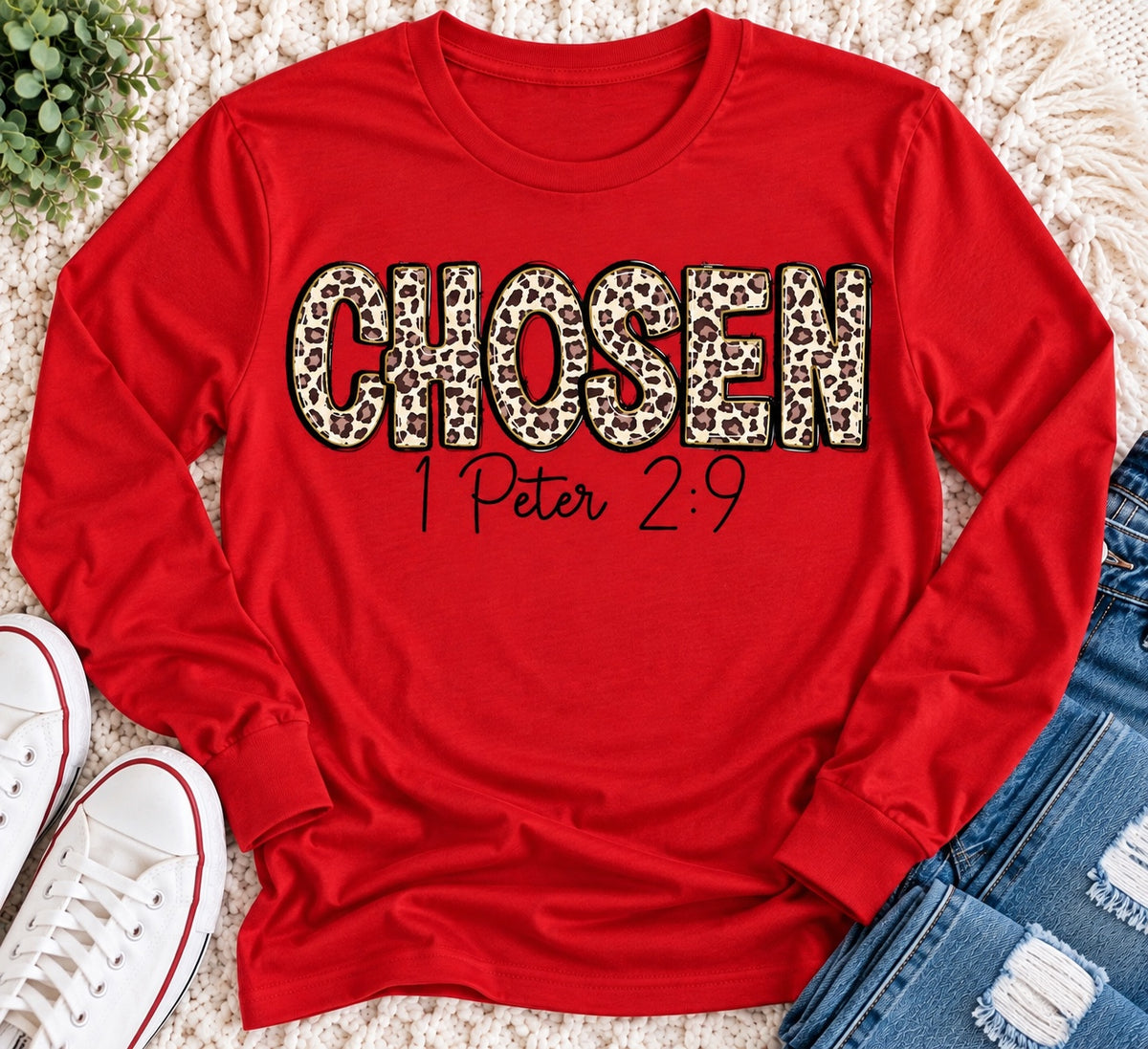 CHOSEN 1 Peter 2:9 leopard print Christian graphic apparel for women in red and beige