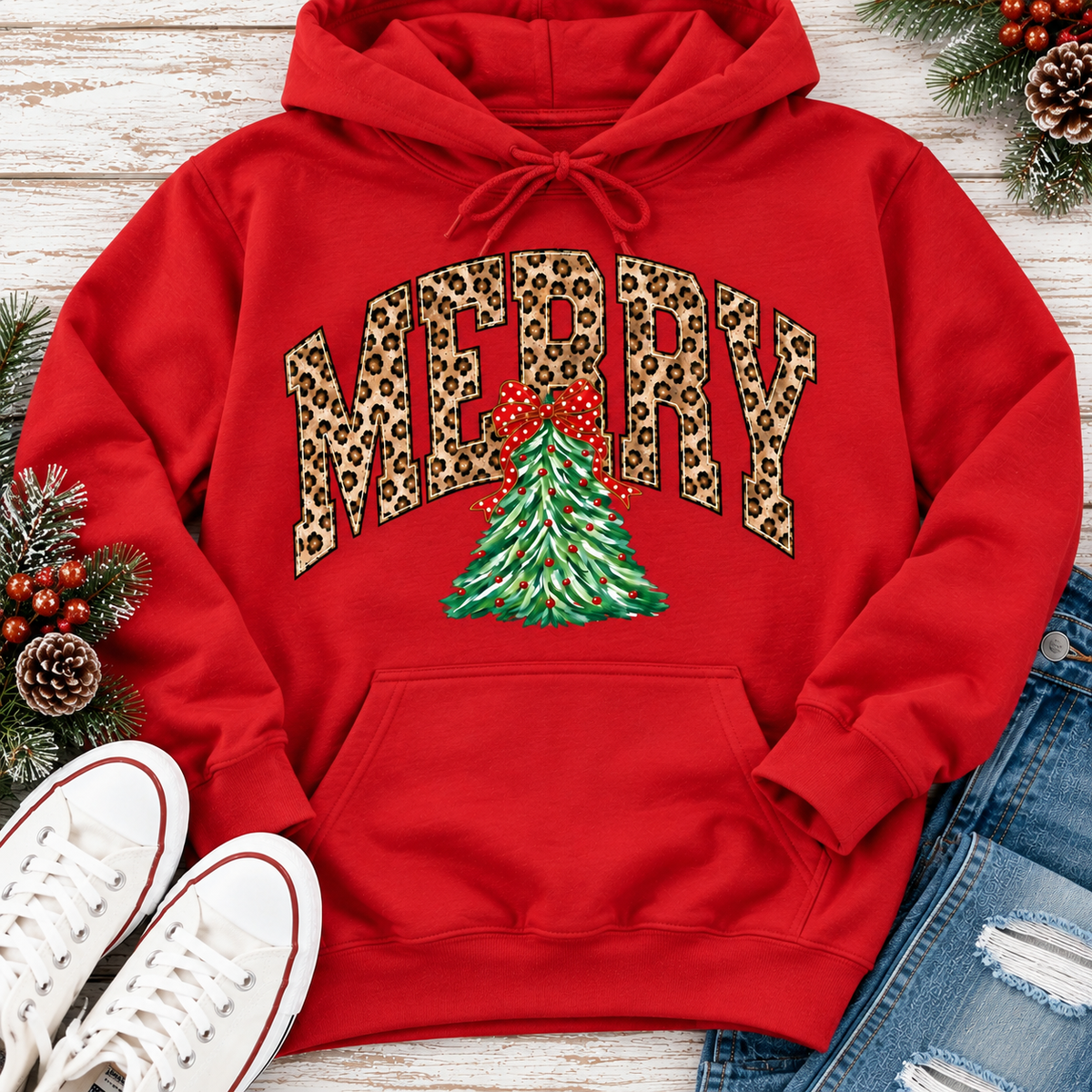 MERRY leopard print Christmas tree graphic apparel for women in black, red and beige
