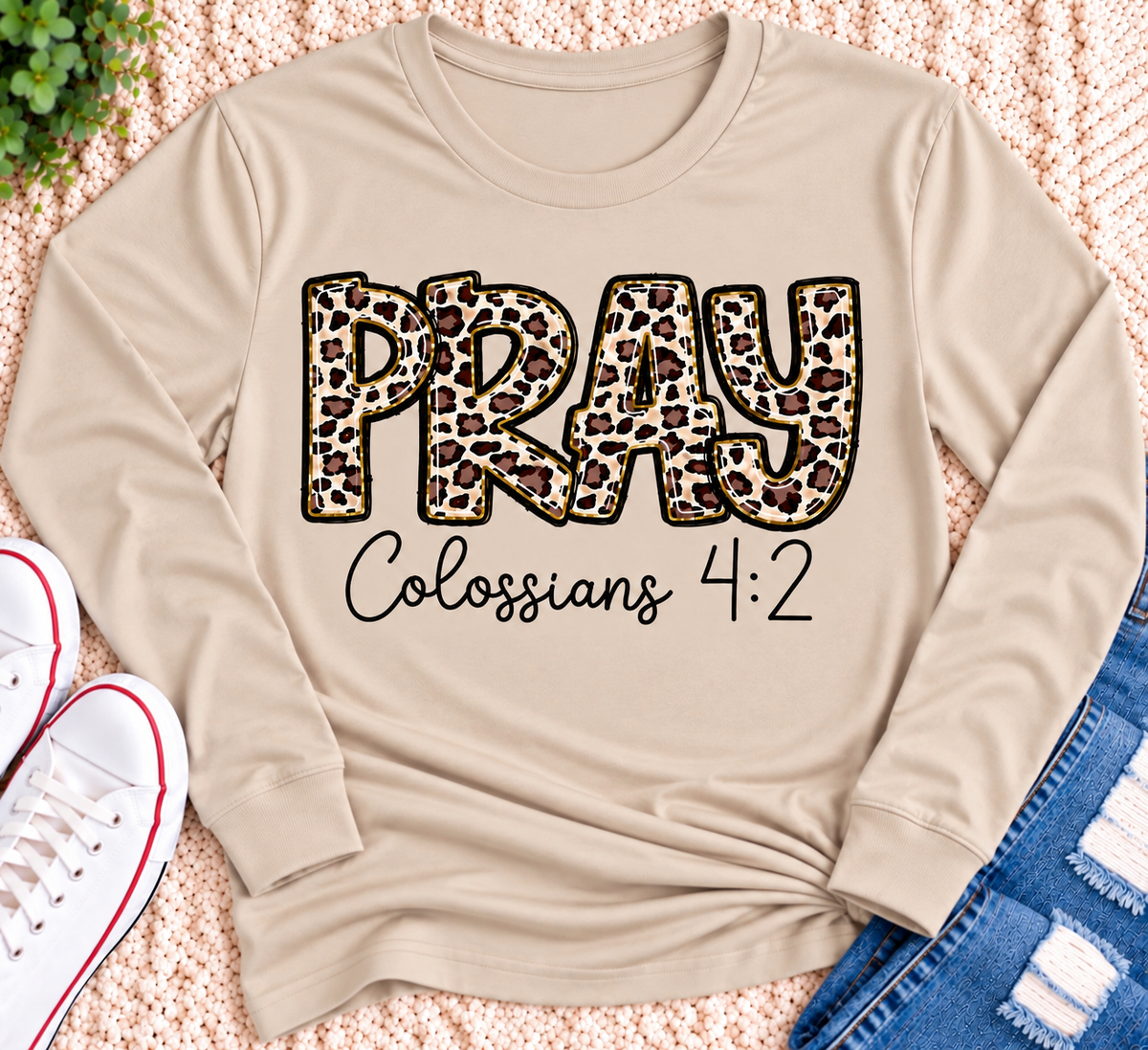 PRAY Colossians 4:2 leopard print Christian graphic shirt available in short sleeve crewneck, V-neck, long sleeve and hoodie styles.