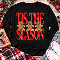 Tis the Season Christmas graphic apparel featuring red polka dot lettering and three gingerbread cookies