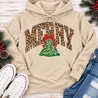 MERRY leopard print Christmas tree graphic apparel for women in black, red and beige