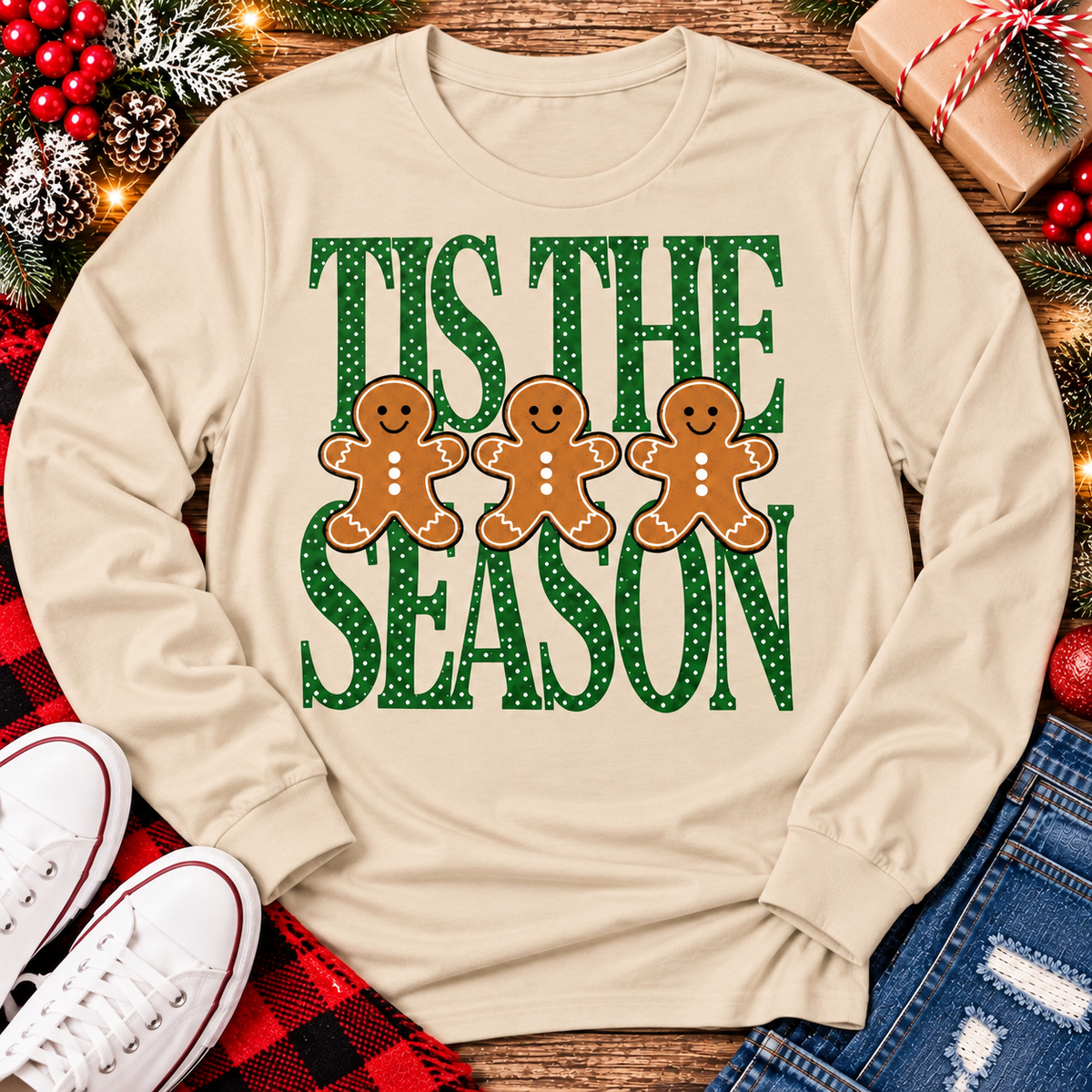 Tis the Season Christmas graphic apparel featuring green polka dot lettering and three gingerbread cookies
