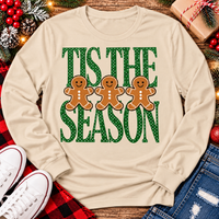 Tis the Season Christmas graphic apparel featuring green polka dot lettering and three gingerbread cookies