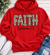 FAITH Ephesians 2:8 leopard print Christian graphic apparel for women in beige and red
