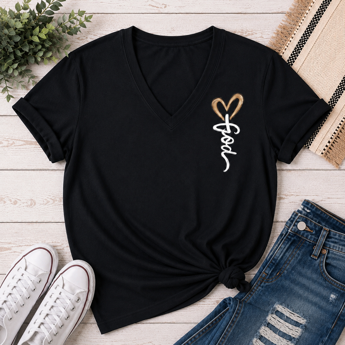 Front: Black Christian graphic tee featuring a small white Jesus script design with a brown heart on the front chest.