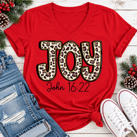 JOY John 16:22 leopard print Christmas graphic apparel available in four styles and two colors.