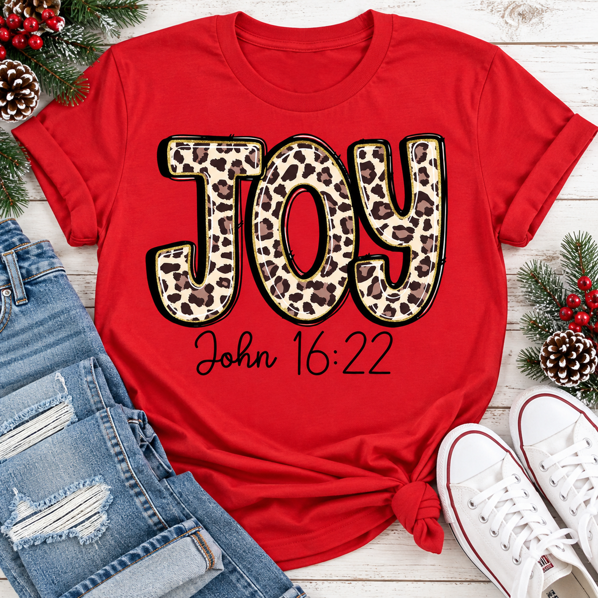JOY John 16:22 leopard print Christmas graphic apparel available in four styles and two colors.