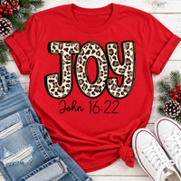 JOY John 16:22 leopard print Christmas graphic apparel available in four styles and two colors.