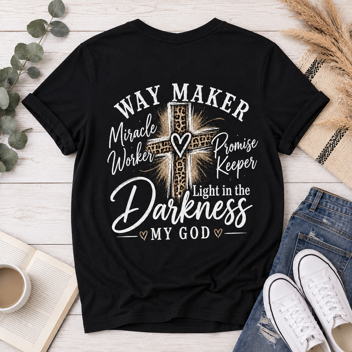 Back: Black Way Maker Christian graphic tee featuring a leopard print cross with Miracle Worker, Promise Keeper, Light in the Darkness and My God lettering.
