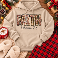 FAITH Ephesians 2:8 leopard print Christian graphic apparel for women in beige and red
