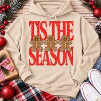 Tis the Season Christmas graphic apparel featuring red polka dot lettering and three gingerbread cookies