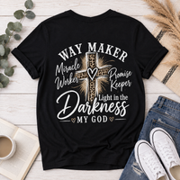 Black V-neck tee with God heart front graphic and Way Maker leopard cross faith graphic on back