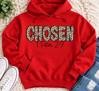 CHOSEN 1 Peter 2:9 leopard print Christian graphic apparel for women in red and beige