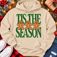Tis the Season Christmas graphic apparel featuring green polka dot lettering and three gingerbread cookies