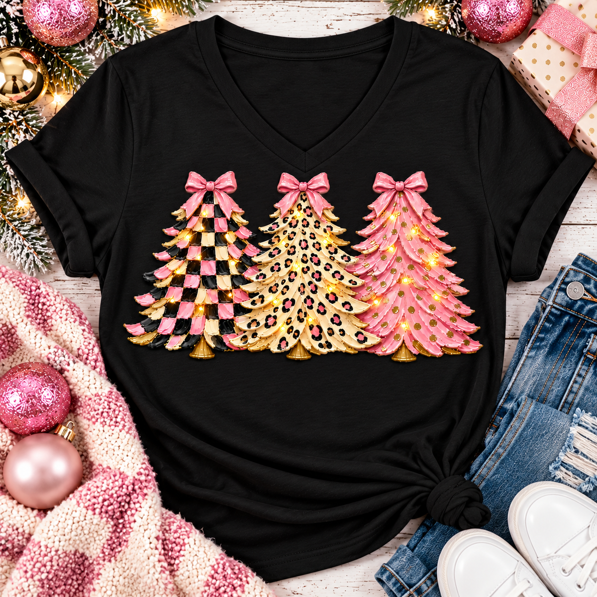 Pink leopard and checkered Christmas trees graphic apparel for women in pink and black