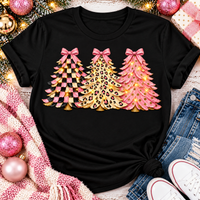 Pink leopard and checkered Christmas trees graphic apparel for women in pink and black
