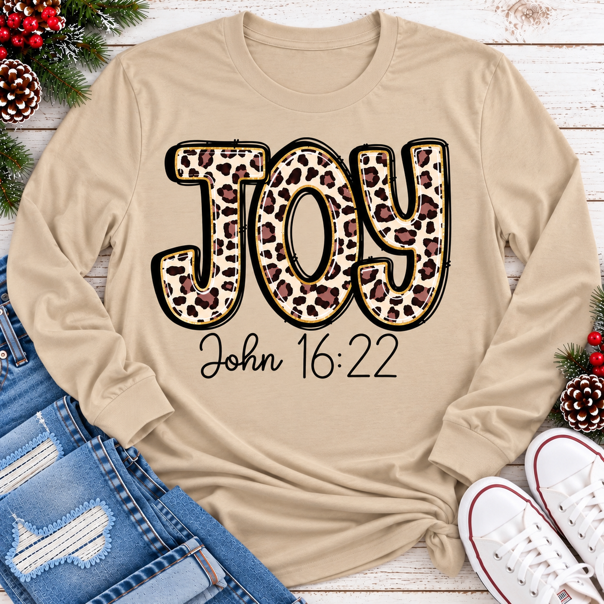 JOY John 16:22 leopard print Christmas graphic apparel available in four styles and two colors.